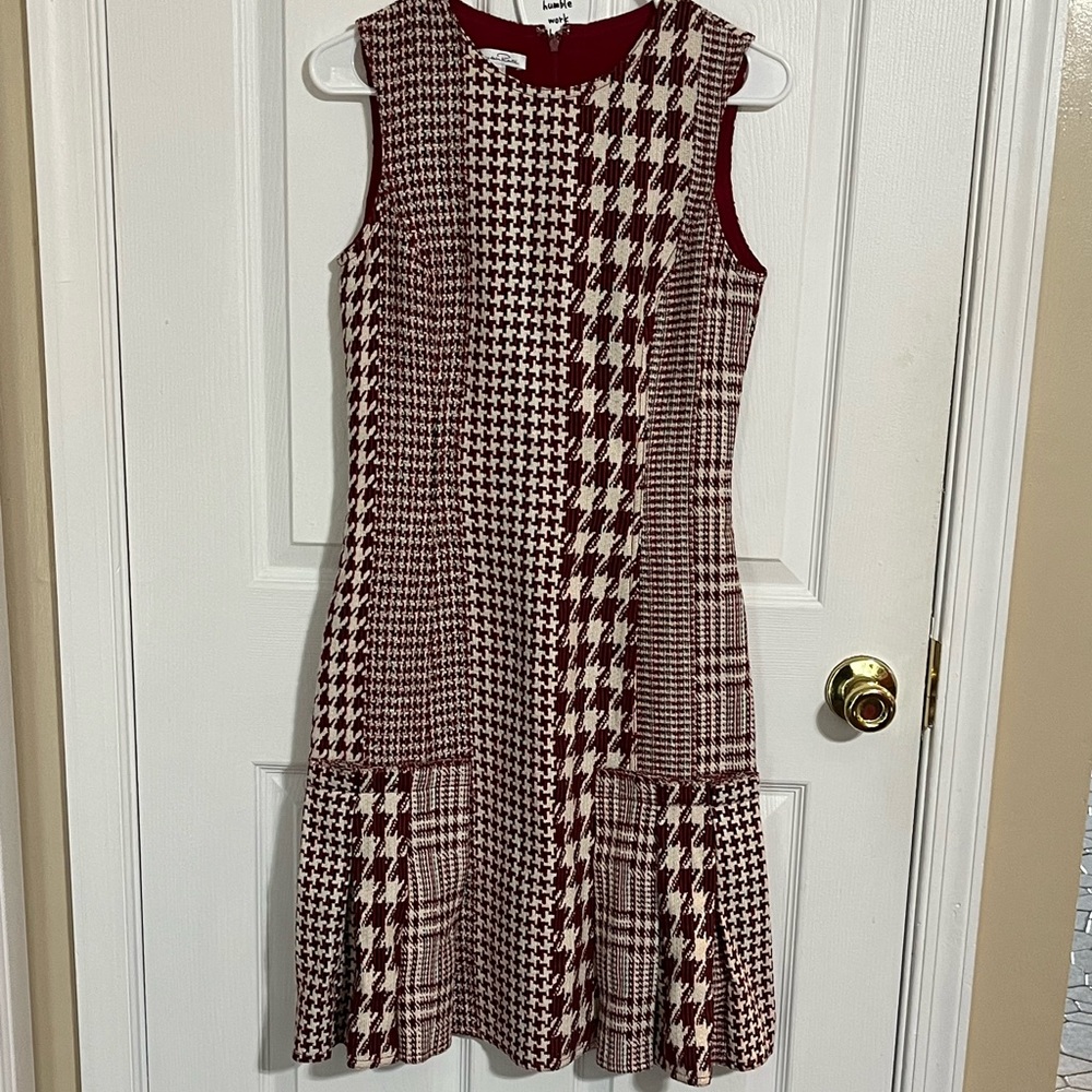 Oscar de la Renta Houndstooth Tweed Mini Dress Red and cream Sz 2